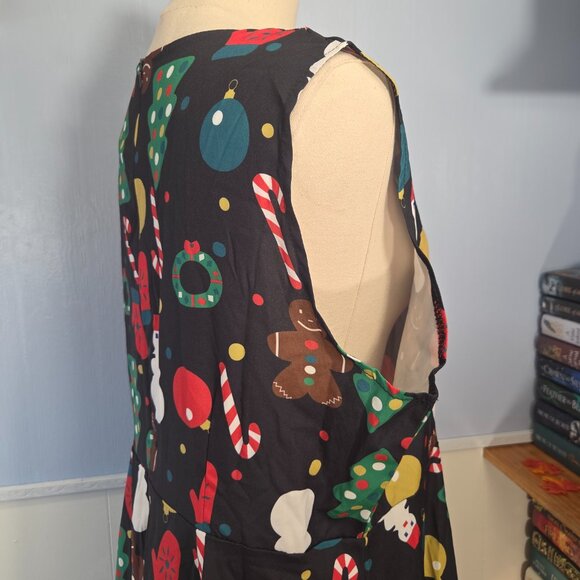 2XL Black Sleeveless Midi Holiday Christmas Tree Snowmen Print Dress - Picture 5 of 11